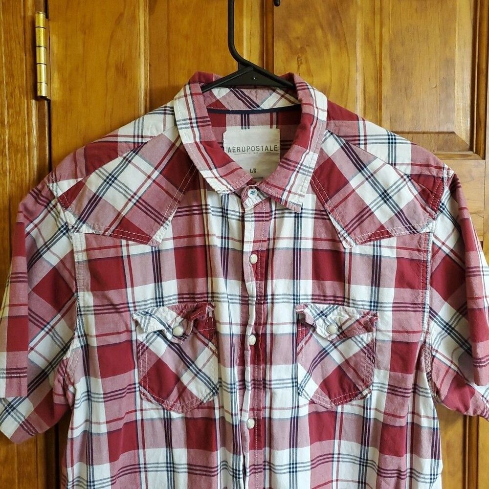 Aeropostale Large Shirt Mens Red Plaid Short Sleeve Western Snap Button Down